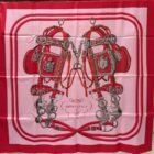 Hermès Brides de Gala double face silk scarf 90 in rose and rouge, laid flat