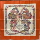 Hermès Brides de Gala en Fleurs silk scarf 90 in vermilion, vanilla and multicolour, laid flat