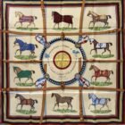 Hermès Couvertures et Tenues de Jour Forever silk scarf 90 in crème, rouge H and bleu, laid flat