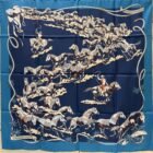 Hermès Les Mustangs II double face silk scarf 90 in blue, first side laid flat