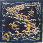 Hermès Les Mustangs II double face silk scarf 90, reverse side in navy with multicolour horses