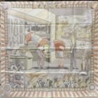 Hermès Pony Pit Stop double face silk scarf 90 in rose poudre, gris and blanc, laid flat