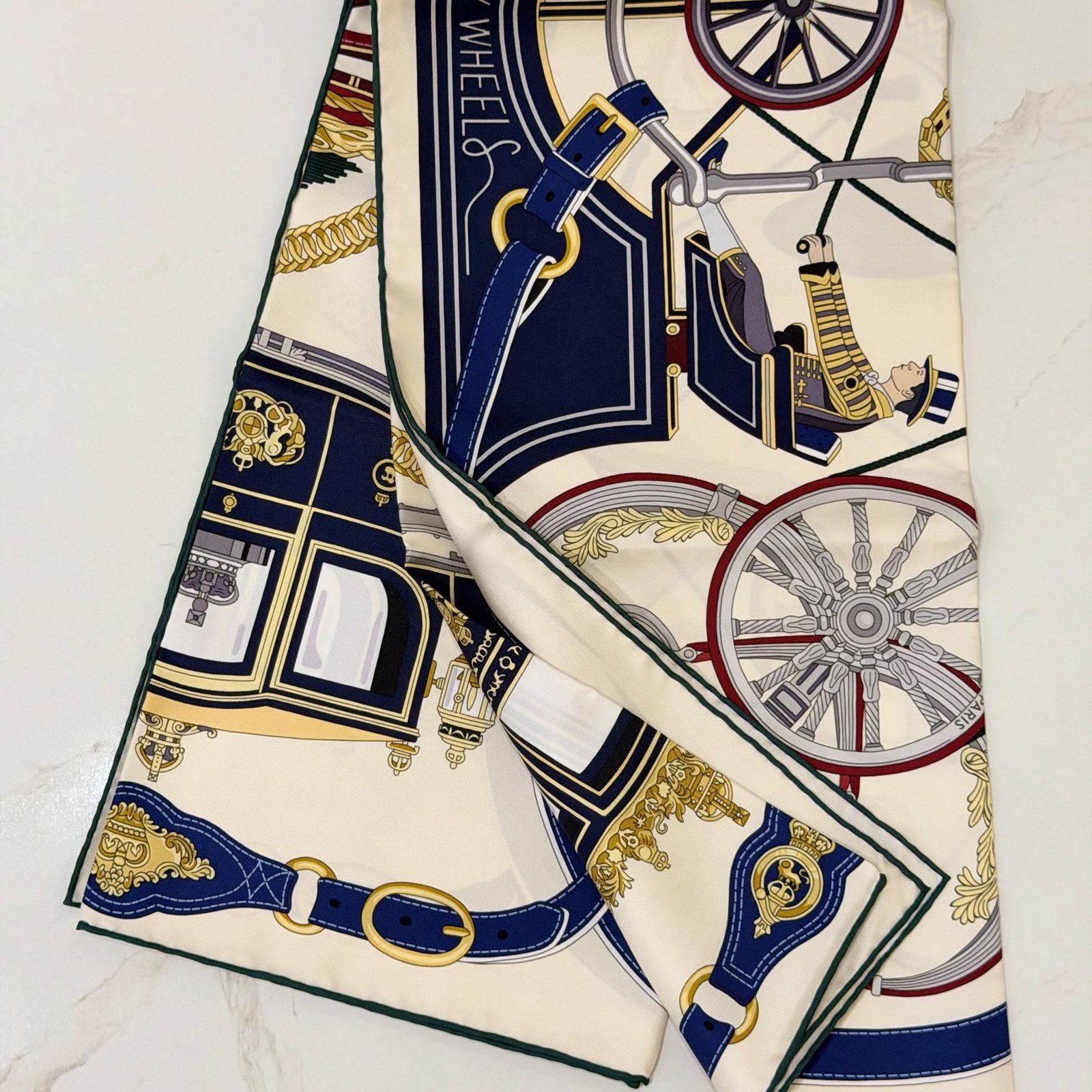 hermes-stately-wheels-scarf-90-1 Hermès Stately Wheels silk scarf 90 in crème, bordeaux and bleu, folded