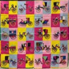 Hermès Voitures Exquises silk scarf 90 in jaune vif, rose vif and bleu glacier, laid flat